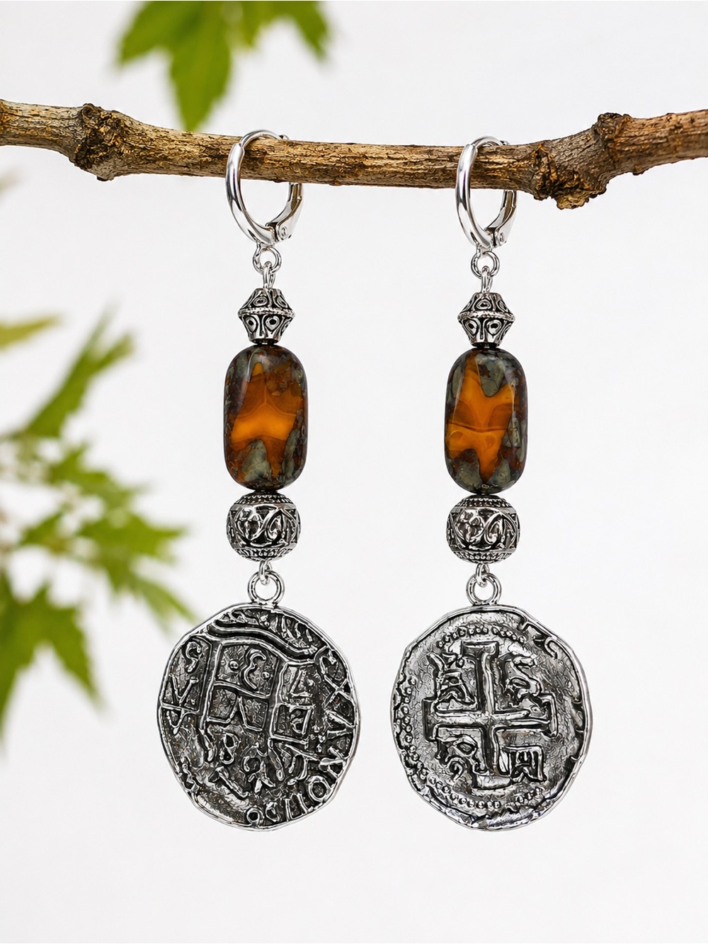 Spanish Treasure Coin Dangle Earrings, Agate Glass, Nautical Artisan